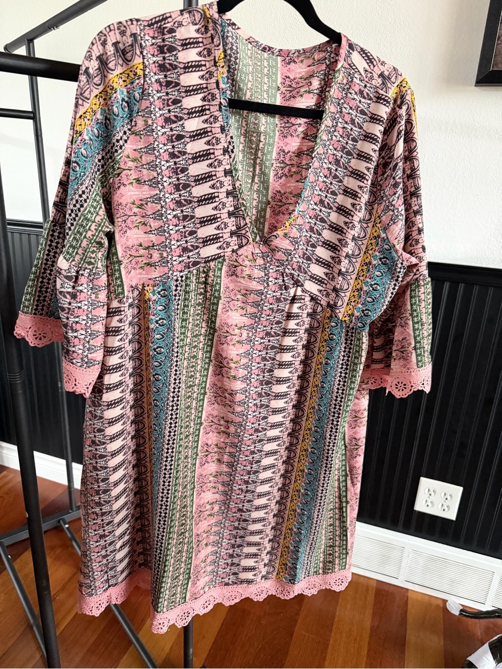 Boho Pink Multicolor V-Neck Tunic Dress